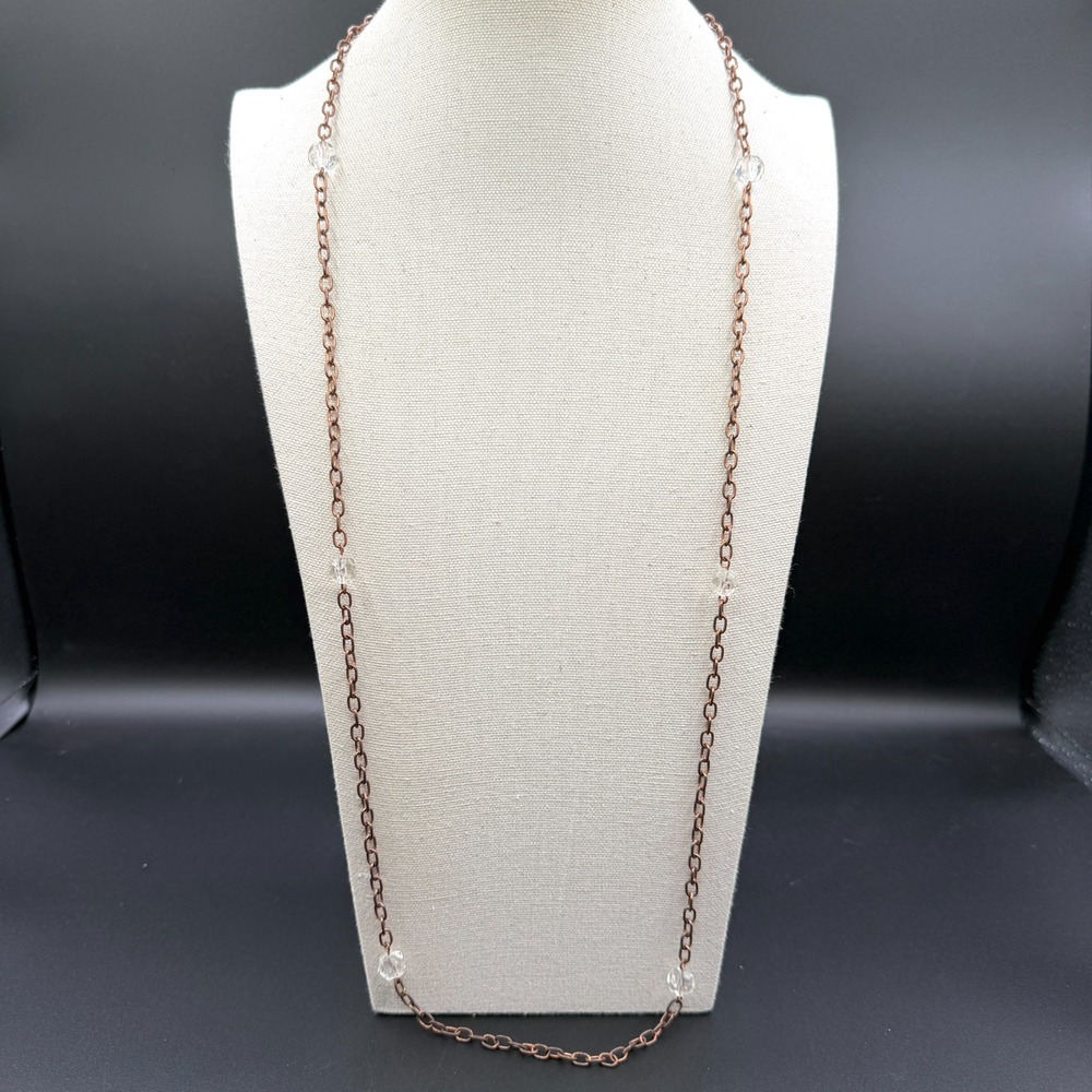 BEDIZEN Copper Tone Clear Crystal Station Long Chain Necklace Boho Layering Gift